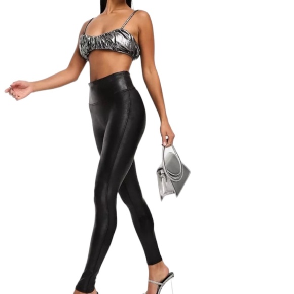 SPANX Black Metallic Sleek Faux Vegan Leather Compression High Waist Leggings L - Picture 4 of 16